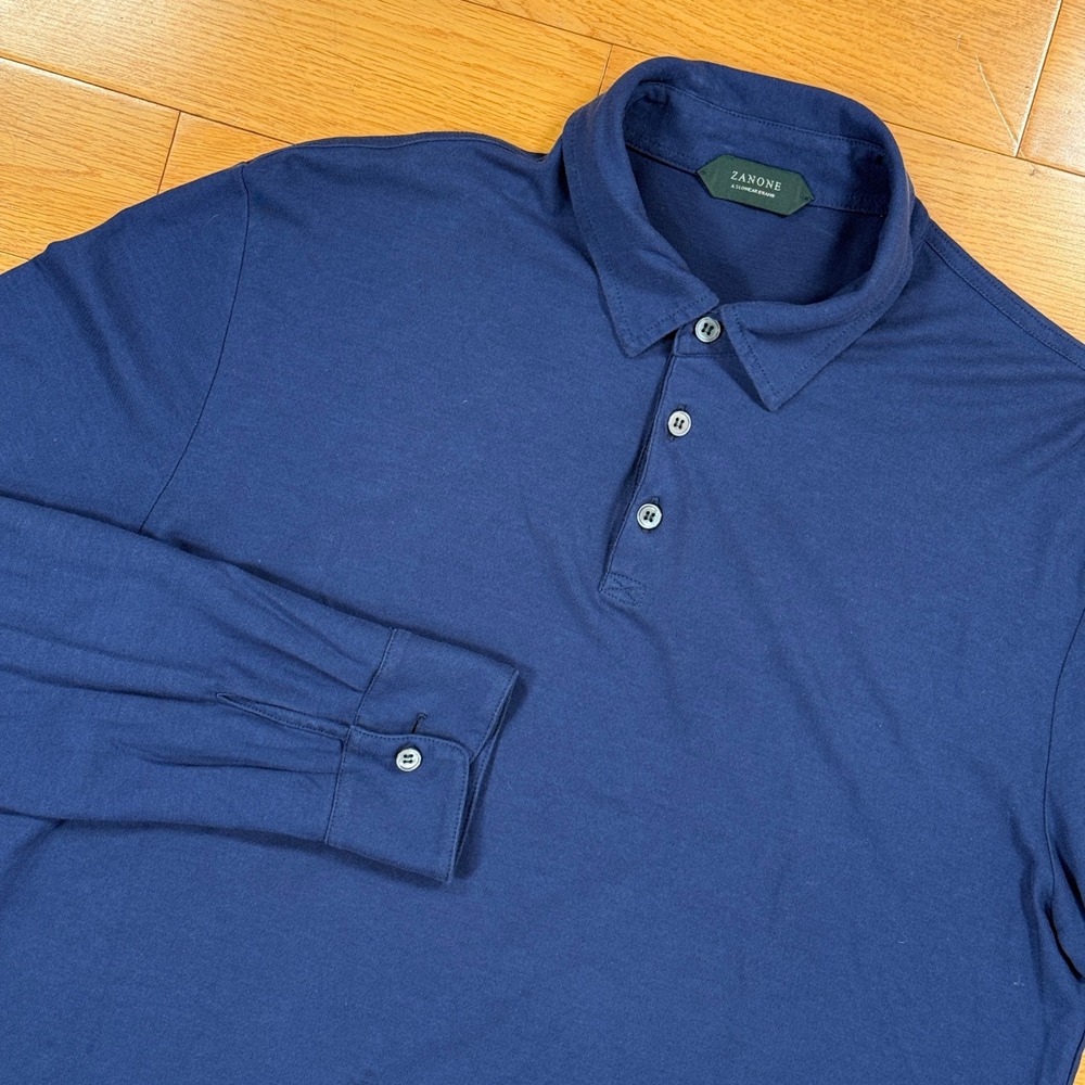 Zanone IceCotton Long Sleeve Polo Shirt Navy Blue Size 54 IT Made in Italy